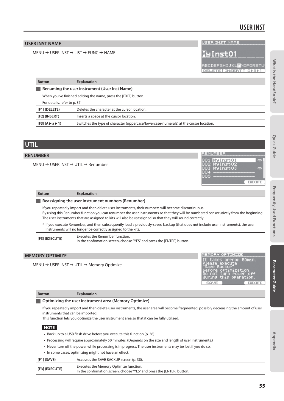 Renaming the user instrument (user inst name), Util, Reassigning the user instrument numbers (renumber) | Renaming the user instrument, User inst name), Reassigning the user instrument numbers, Renumber), Optimizing the user instrument area, Memory optimize), Ea (p. 55) ma | Roland HandSonic HPD-20 Digital Hand Percussion Instrument User Manual | Page 55 / 80