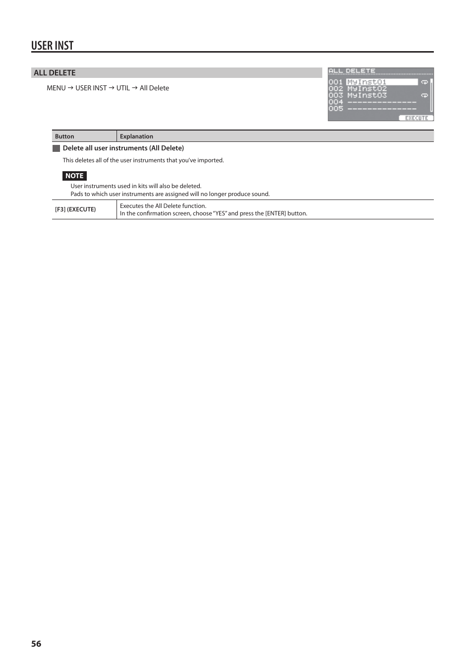 Delete all user instruments (all delete), User inst | Roland HandSonic HPD-20 Digital Hand Percussion Instrument User Manual | Page 56 / 80