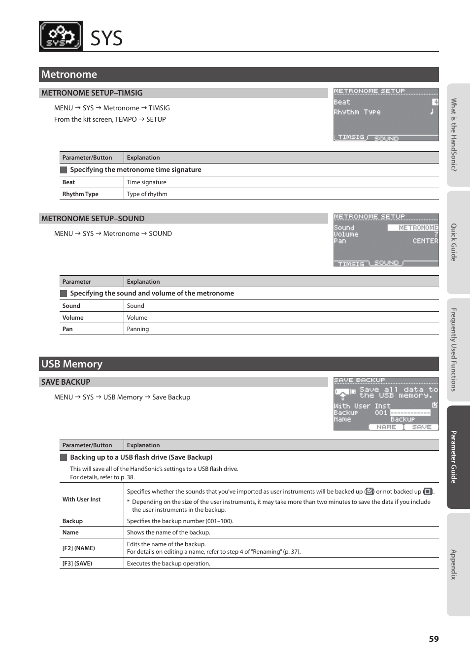 Metronome, Specifying the metronome time signature, Specifying the sound and volume of the metronome | Usb memory, Backing up to a usb flash drive (save backup), Specifying the sound and volume of the, P. 59 | Roland HandSonic HPD-20 Digital Hand Percussion Instrument User Manual | Page 59 / 80