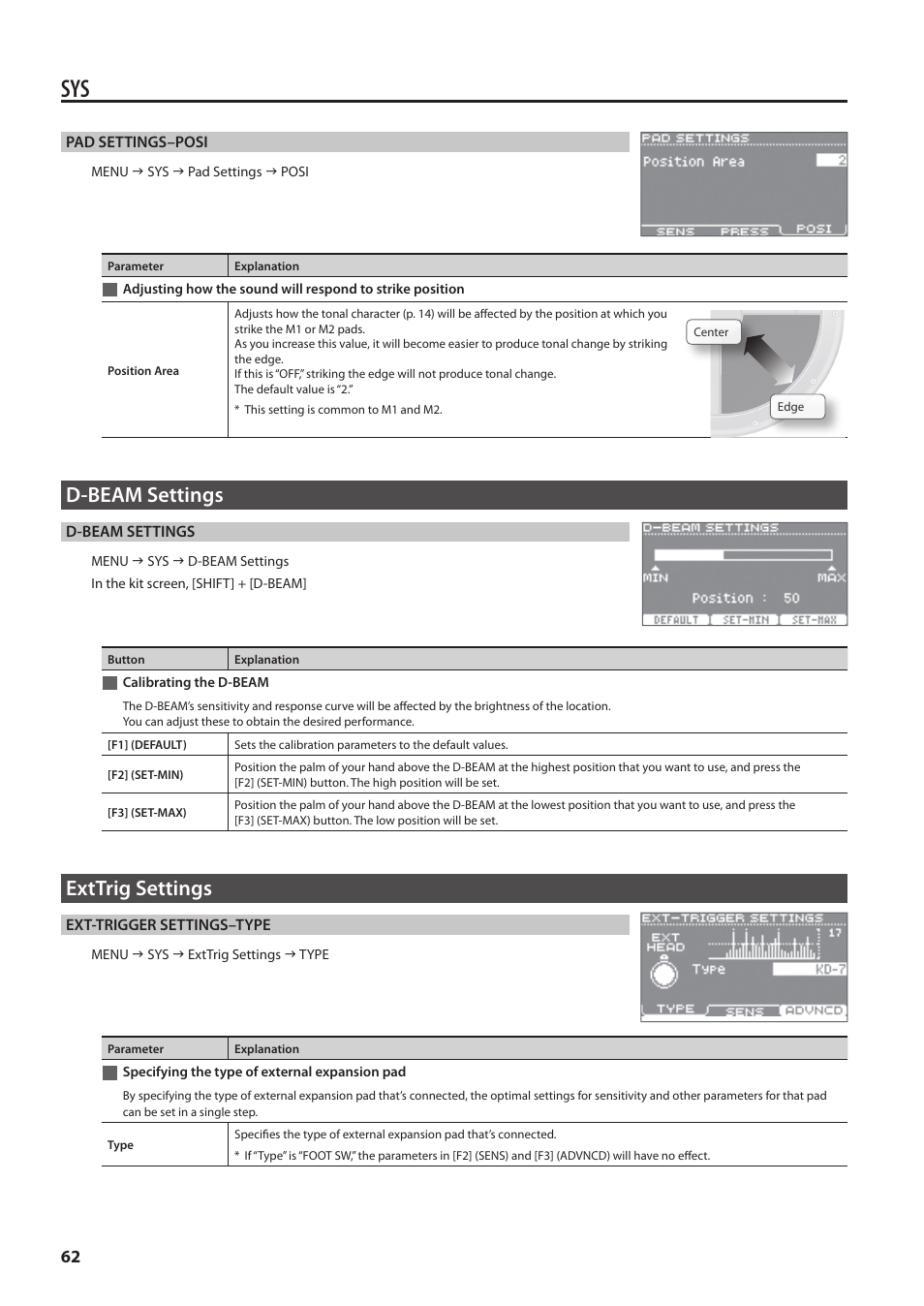 D-beam settings, Calibrating the d-beam, Exttrig settings | Specifying the type of external expansion pad, Adjusting how the sound will respond to, Strike position, Specifying the type of external expansion | Roland HandSonic HPD-20 Digital Hand Percussion Instrument User Manual | Page 62 / 80
