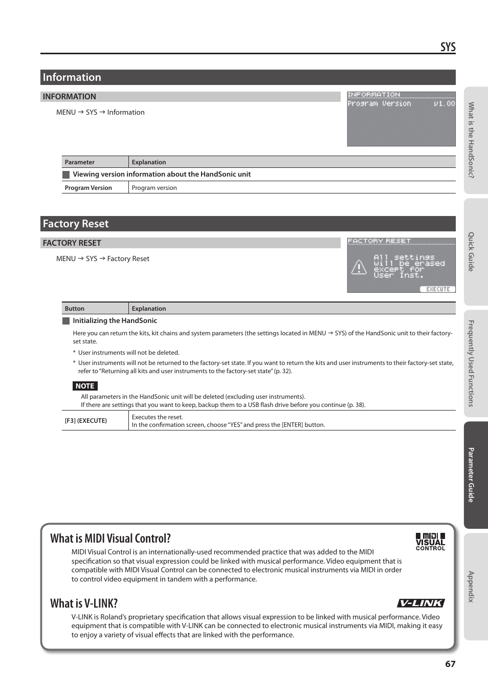 Information, Factory reset, Initializing the handsonic | Viewing version information about the, Handsonic unit, What is midi visual control, What is v-link | Roland HandSonic HPD-20 Digital Hand Percussion Instrument User Manual | Page 67 / 80
