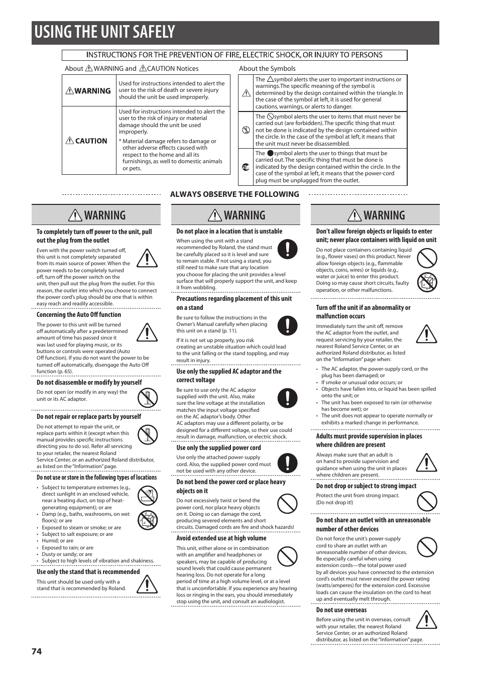 Using the unit safely, P. 74, Warning | Always observe the following | Roland HandSonic HPD-20 Digital Hand Percussion Instrument User Manual | Page 74 / 80