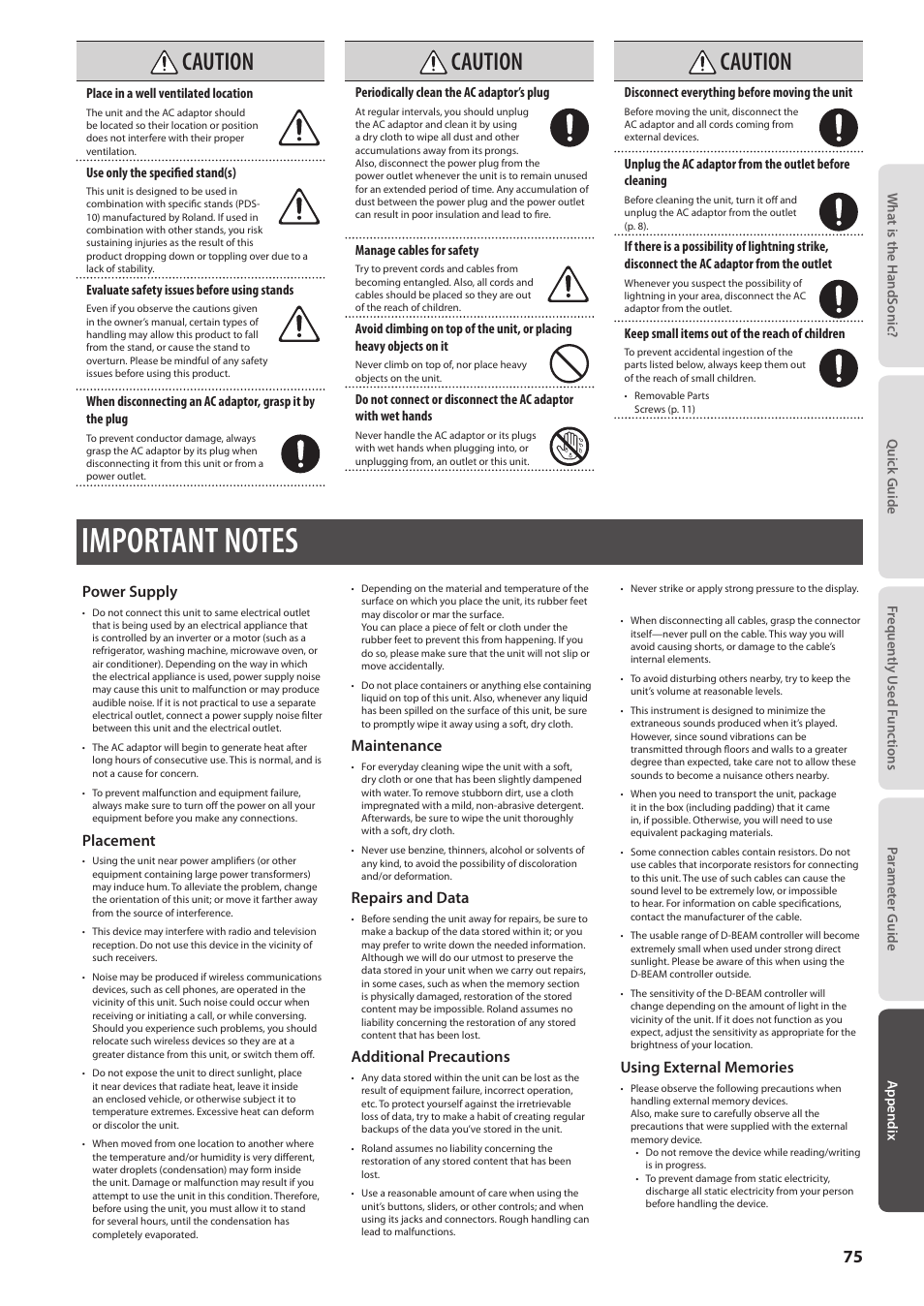 Important notes, P. 75), Caution | Power supply, Placement, Maintenance, Repairs and data, Additional precautions | Roland HandSonic HPD-20 Digital Hand Percussion Instrument User Manual | Page 75 / 80