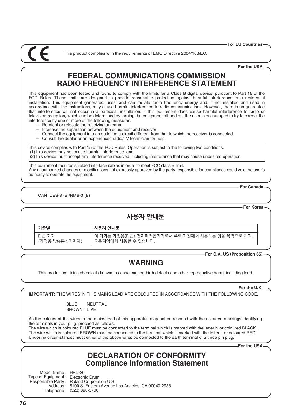 Warning | Roland HandSonic HPD-20 Digital Hand Percussion Instrument User Manual | Page 76 / 80