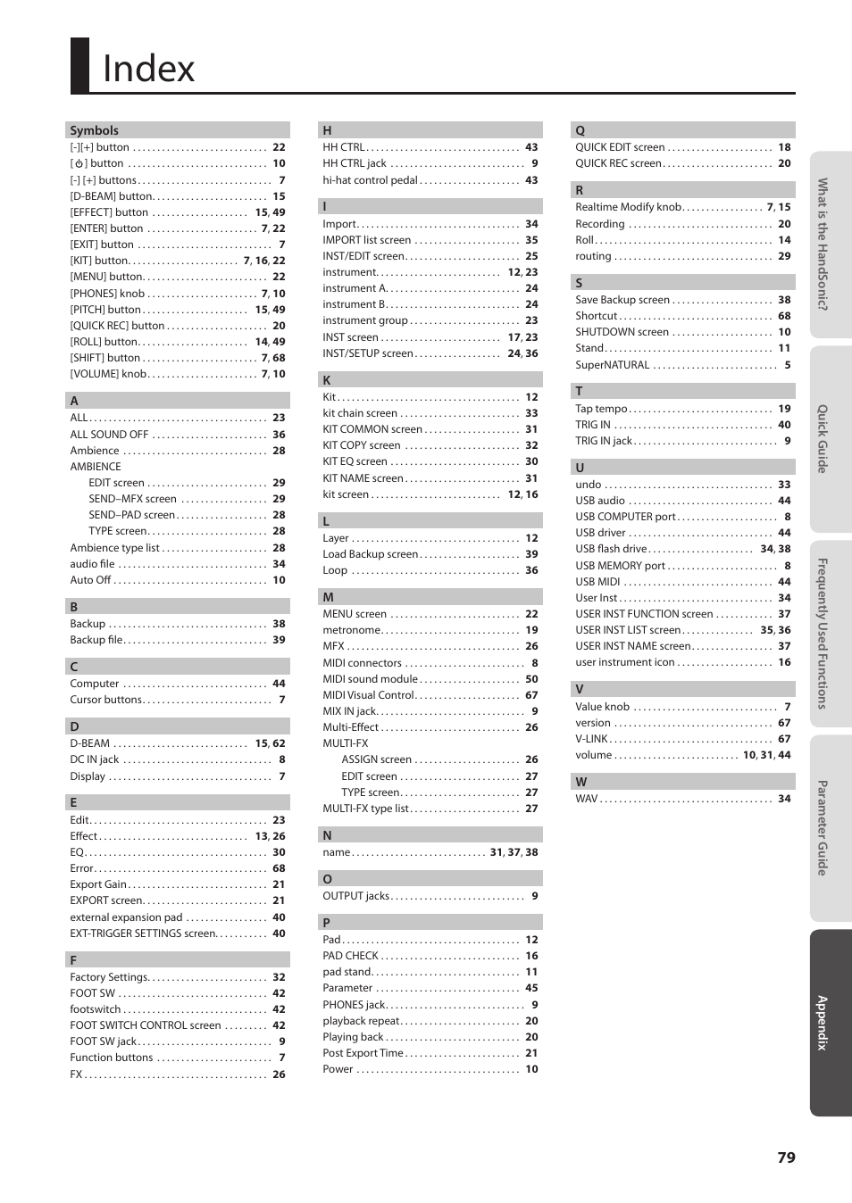 Index | Roland HandSonic HPD-20 Digital Hand Percussion Instrument User Manual | Page 79 / 80