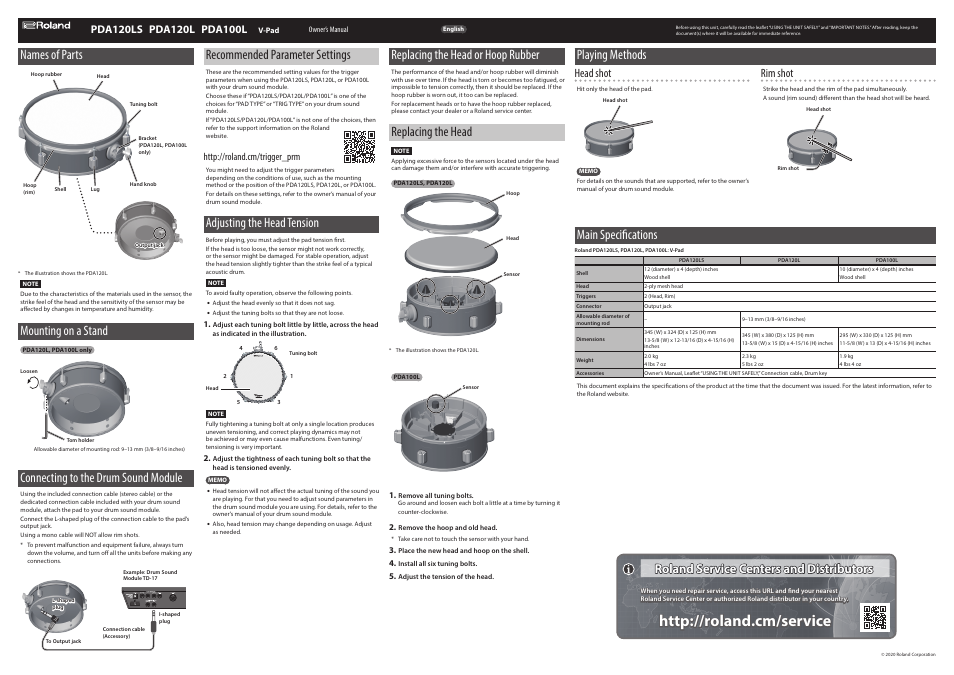 Roland PDA120L-BK V-Drums Acoustic Design 12" Tom Pad User Manual | 1 page
