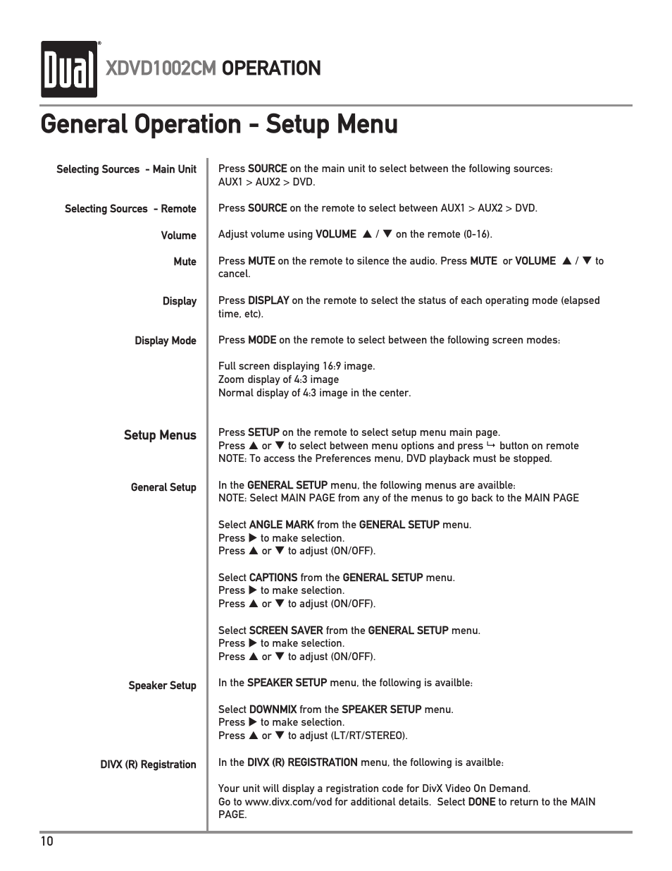 General operation - setup menu, Xdvd1002cm operation | Dual XDVD1002CM User Manual | Page 10 / 20