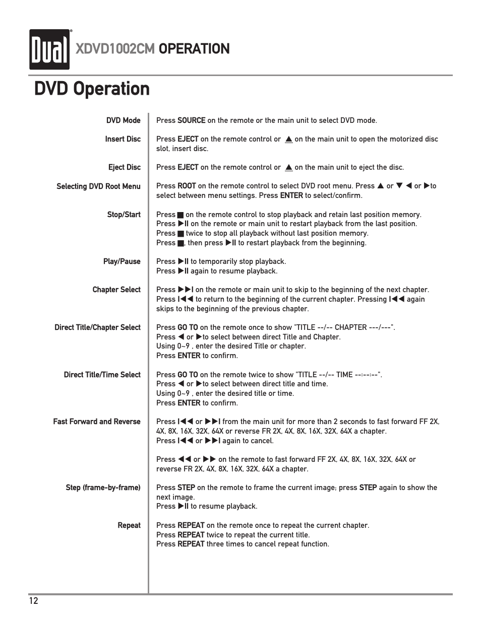 Dvd operation, Xdvd1002cm operation | Dual XDVD1002CM User Manual | Page 12 / 20