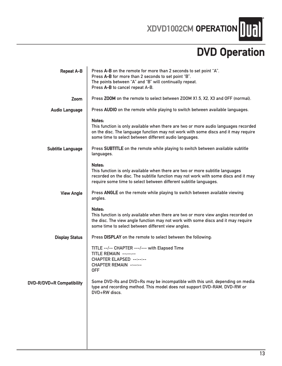 Dvd operation, Xdvd1002cm operation | Dual XDVD1002CM User Manual | Page 13 / 20