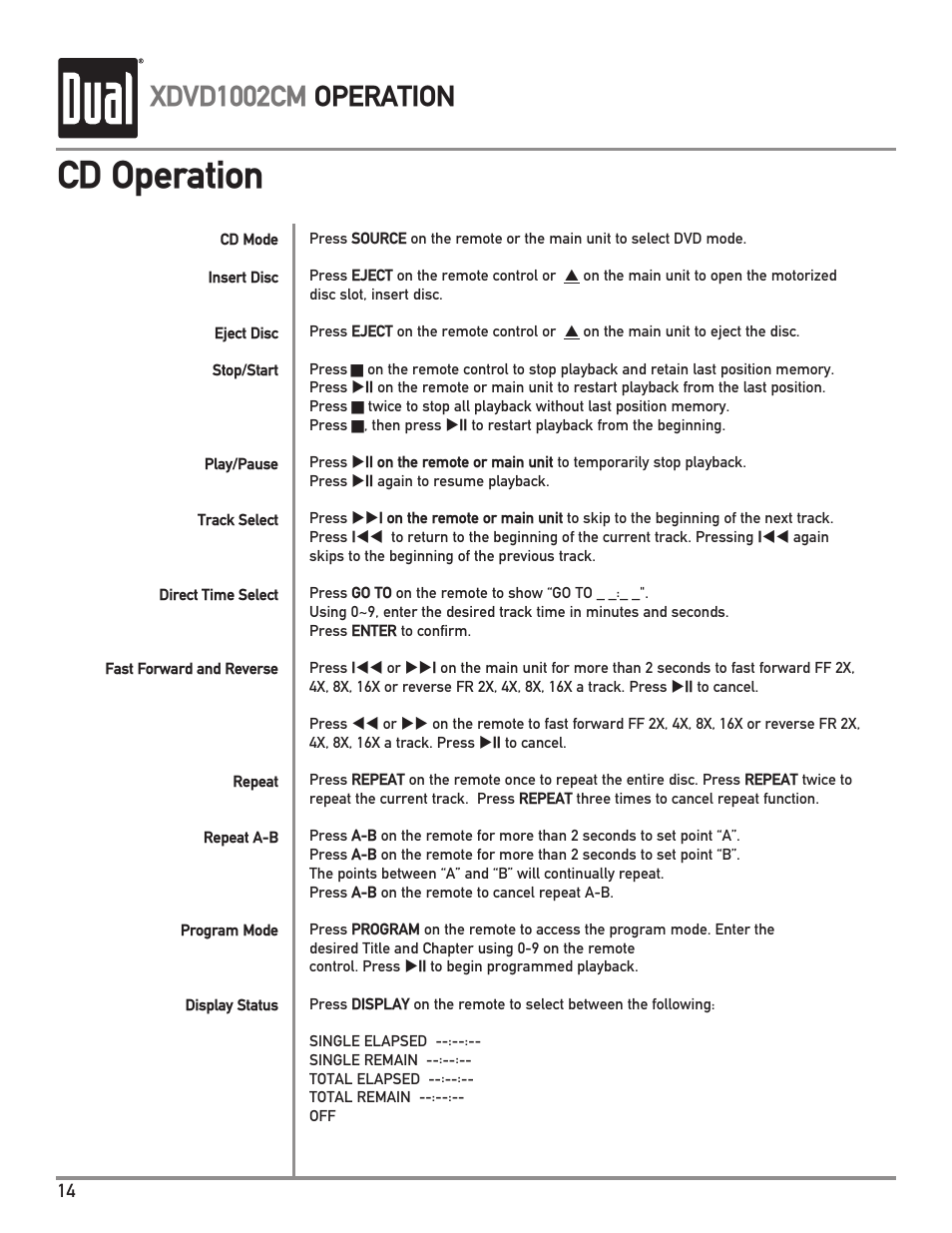 Cd operation, Xdvd1002cm operation | Dual XDVD1002CM User Manual | Page 14 / 20