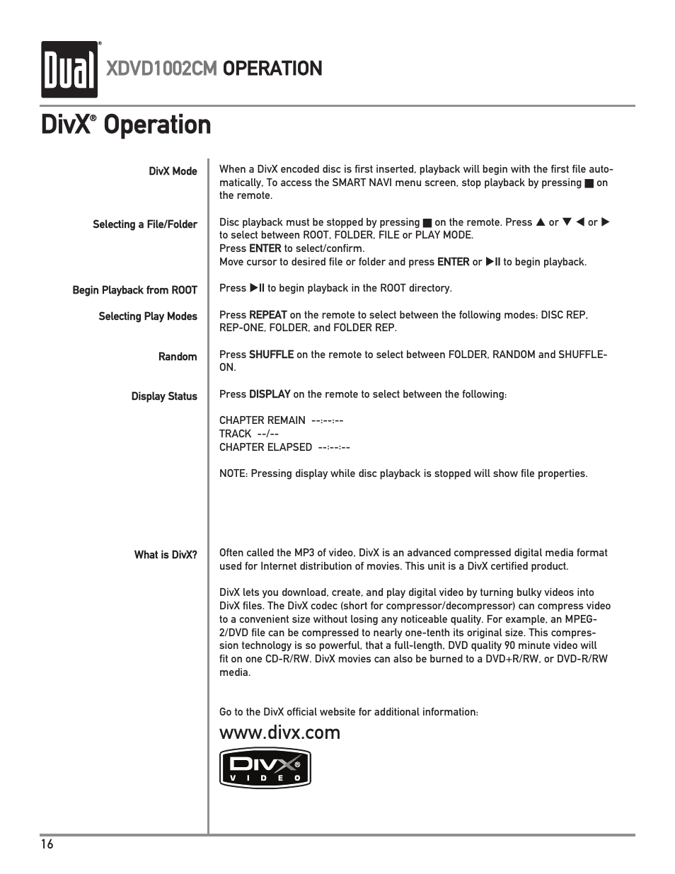 Divx, Operation, Xdvd1002cm operation | Dual XDVD1002CM User Manual | Page 16 / 20