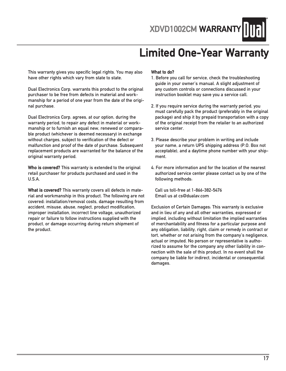 Limited one-year warranty, Xdvd1002cm warranty | Dual XDVD1002CM User Manual | Page 17 / 20