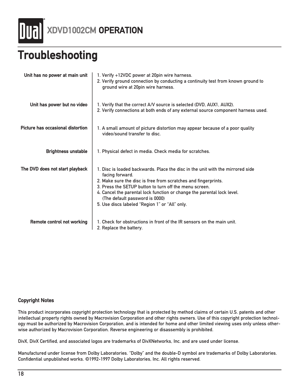 Troubleshooting, Xdvd1002cm operation | Dual XDVD1002CM User Manual | Page 18 / 20