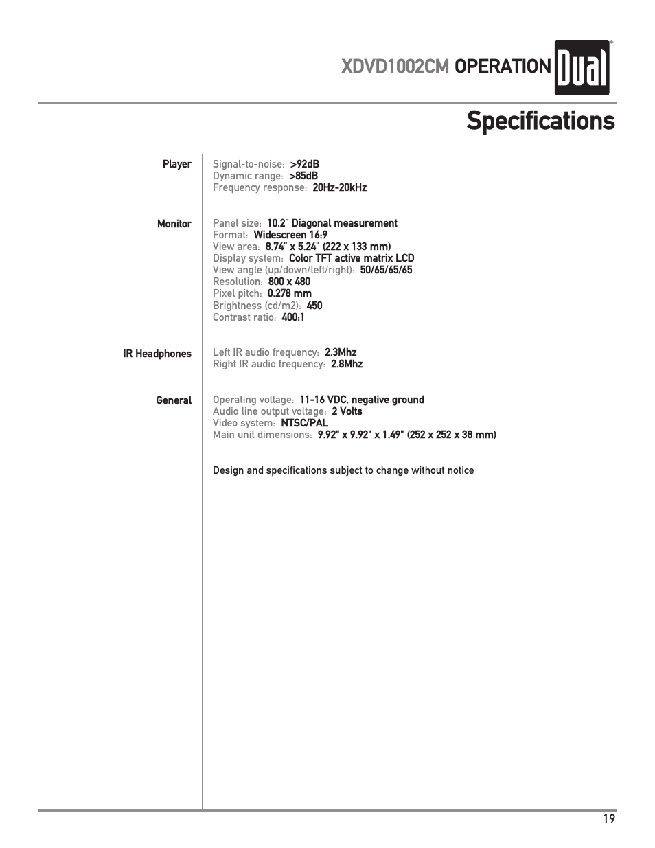 Specifications, Xdvd1002cm operation | Dual XDVD1002CM User Manual | Page 19 / 20