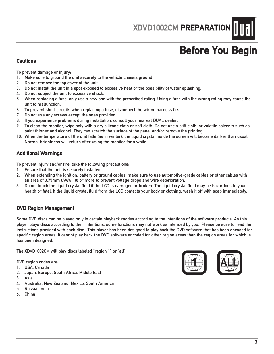 Before you begin, Xdvd1002cm preparation | Dual XDVD1002CM User Manual | Page 3 / 20