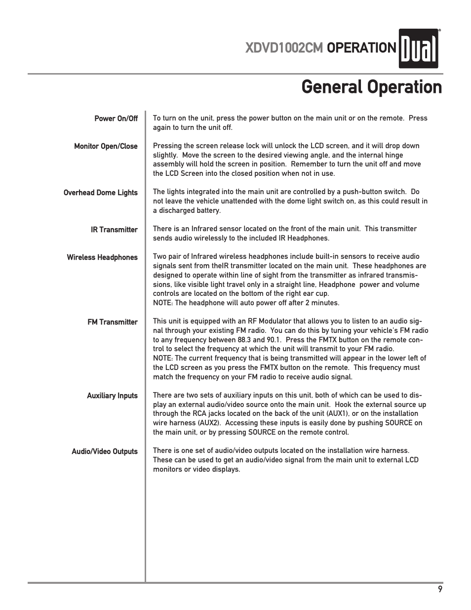 General operation, Xdvd1002cm operation | Dual XDVD1002CM User Manual | Page 9 / 20