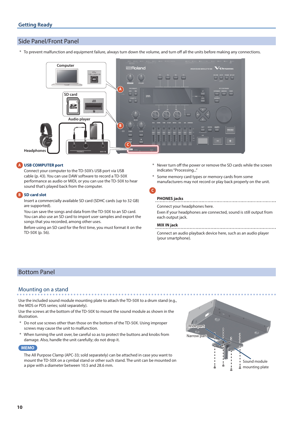 Side panel/front panel, Bottom panel, Mounting on a stand | Getting ready | Roland TD-50X Prismatic V-Drums Sound Module User Manual | Page 10 / 67