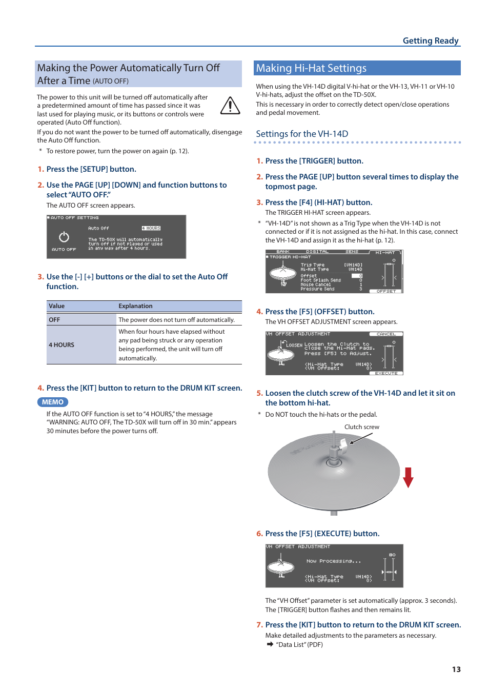 Making hi-hat settings, Auto off) | Roland TD-50X Prismatic V-Drums Sound Module User Manual | Page 13 / 67