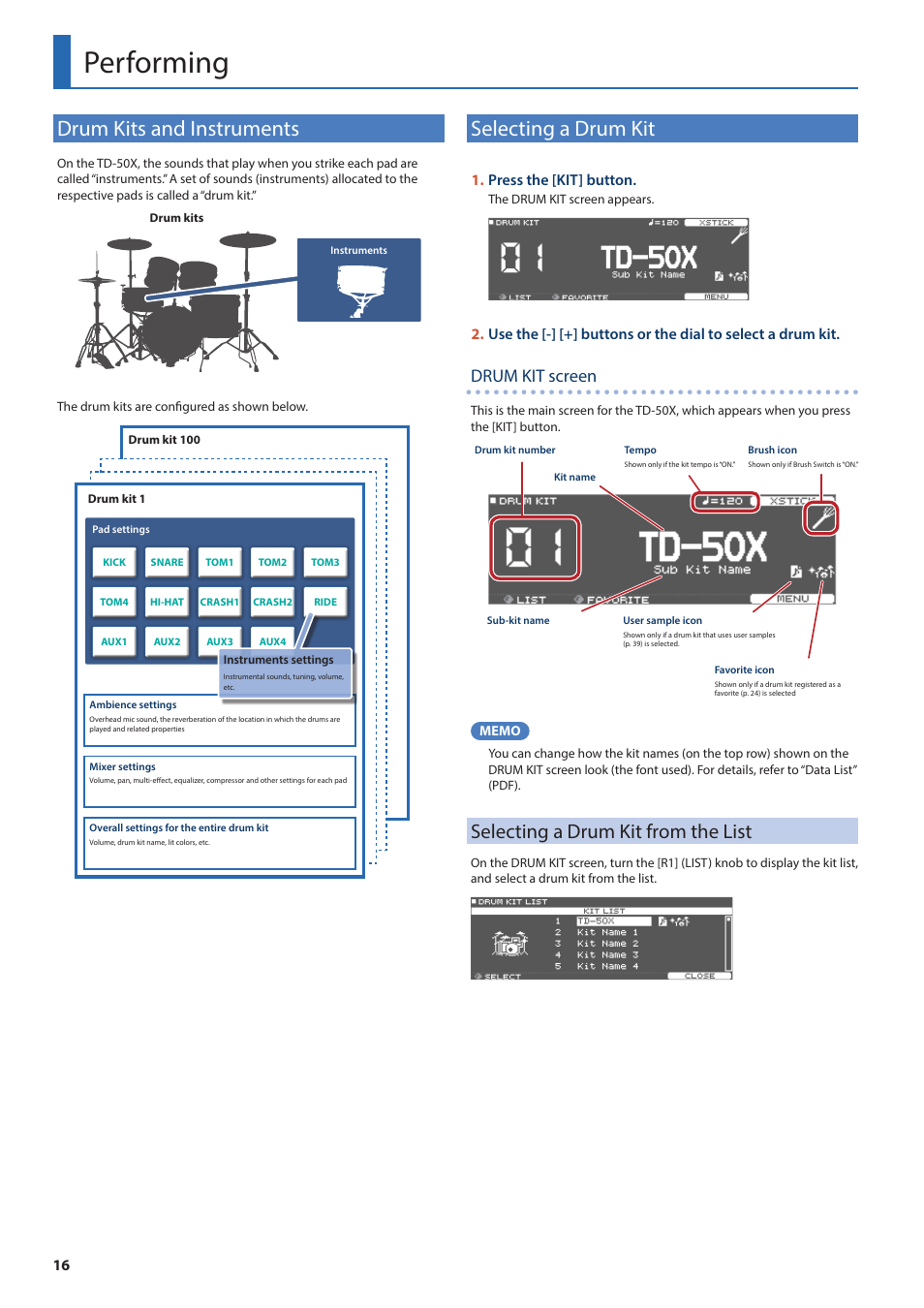 Performing, Drum kits and instruments, Selecting a drum kit | Selecting a drum kit from the list, Drum kit screen, 1 . press the [kit] button | Roland TD-50X Prismatic V-Drums Sound Module User Manual | Page 16 / 67