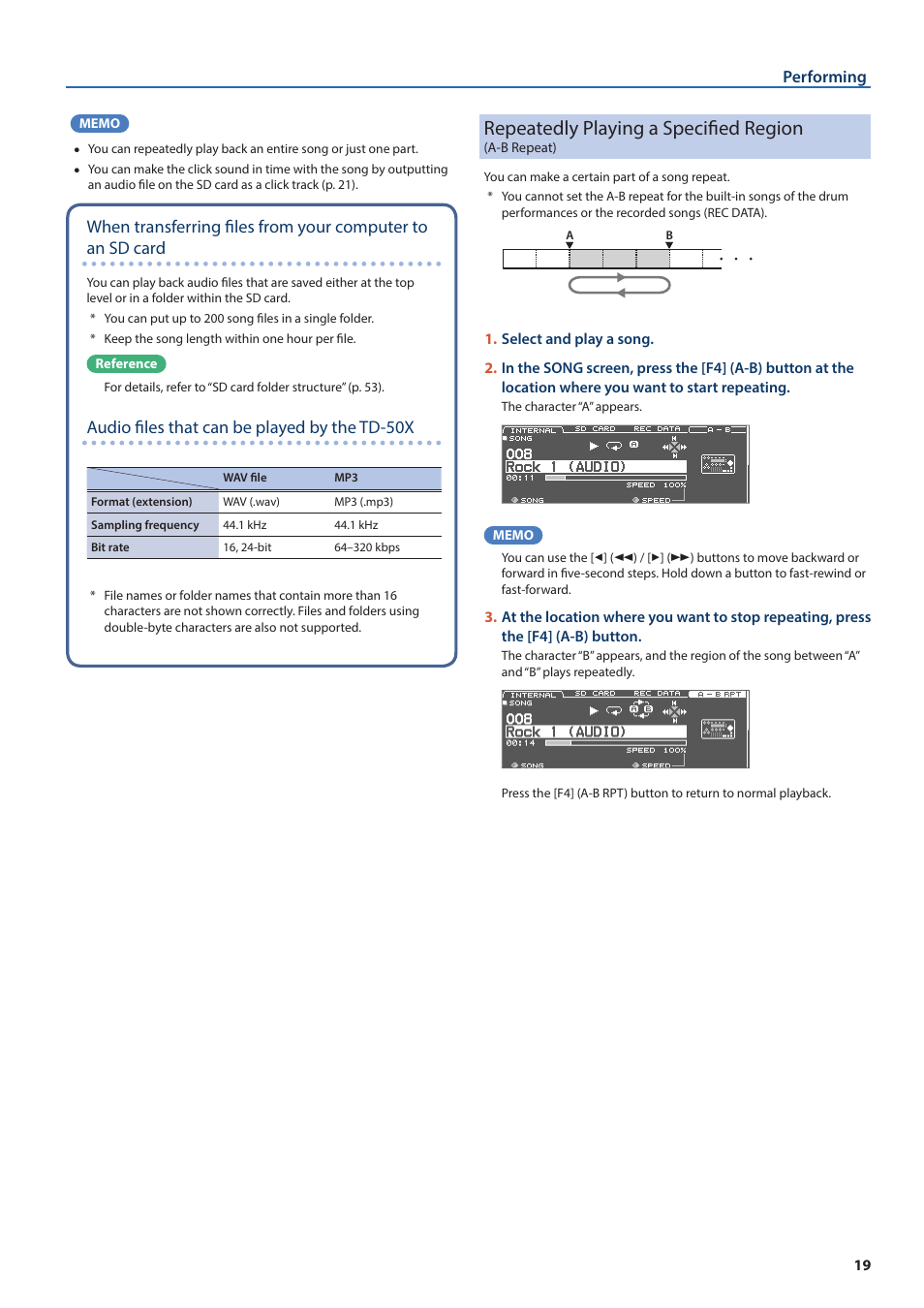 Repeatedly playing a specified region (a-b repeat), Repeatedly playing a specified region, A-b repeat) | Audio files that can be played by the td-50x | Roland TD-50X Prismatic V-Drums Sound Module User Manual | Page 19 / 67