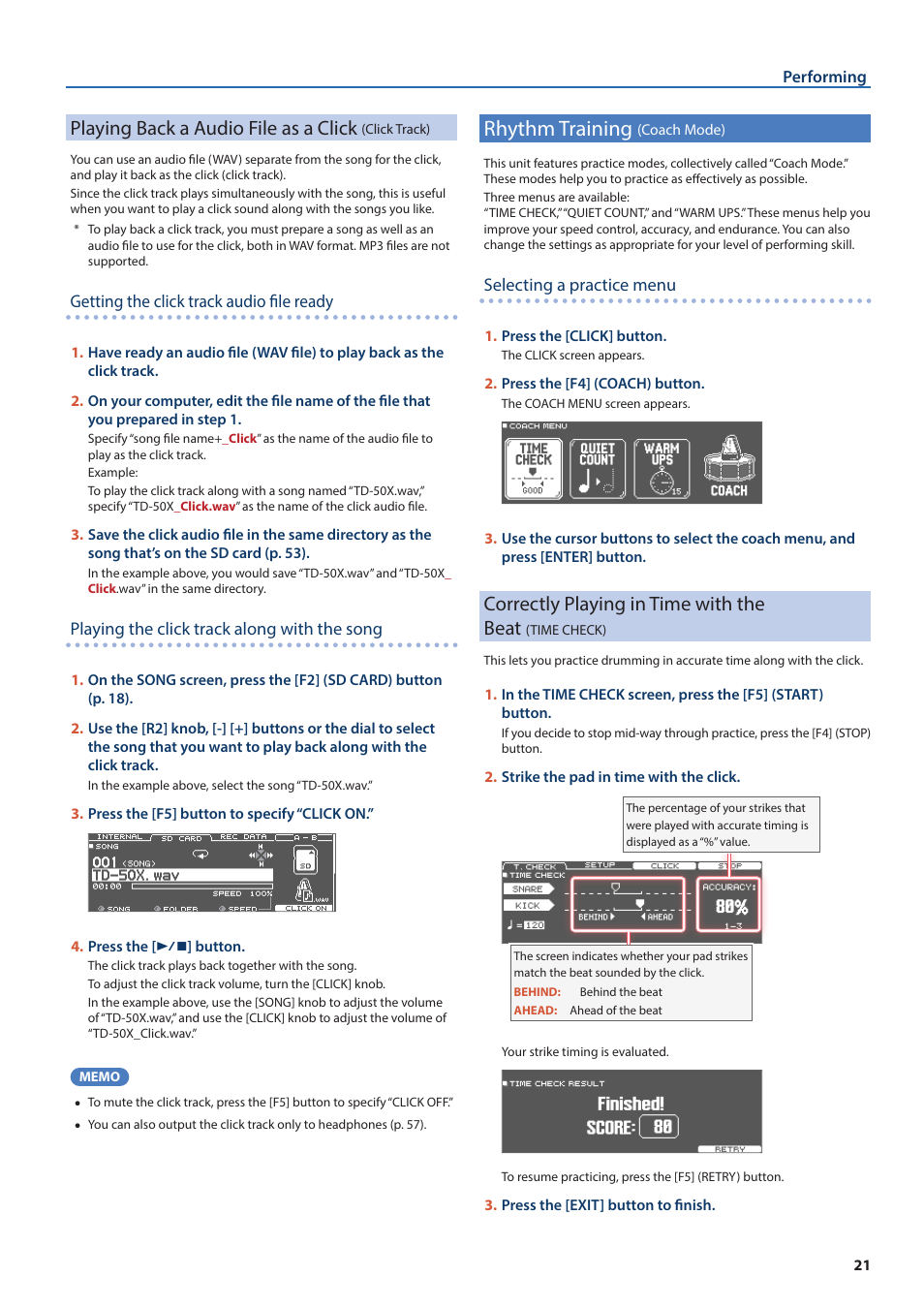 Playing back a audio file as a click (click track), Rhythm training (coach mode), Playing back a audio file as a click | Click track), Rhythm training, Coach mode), Correctly playing in time with the beat, Time check) | Roland TD-50X Prismatic V-Drums Sound Module User Manual | Page 21 / 67
