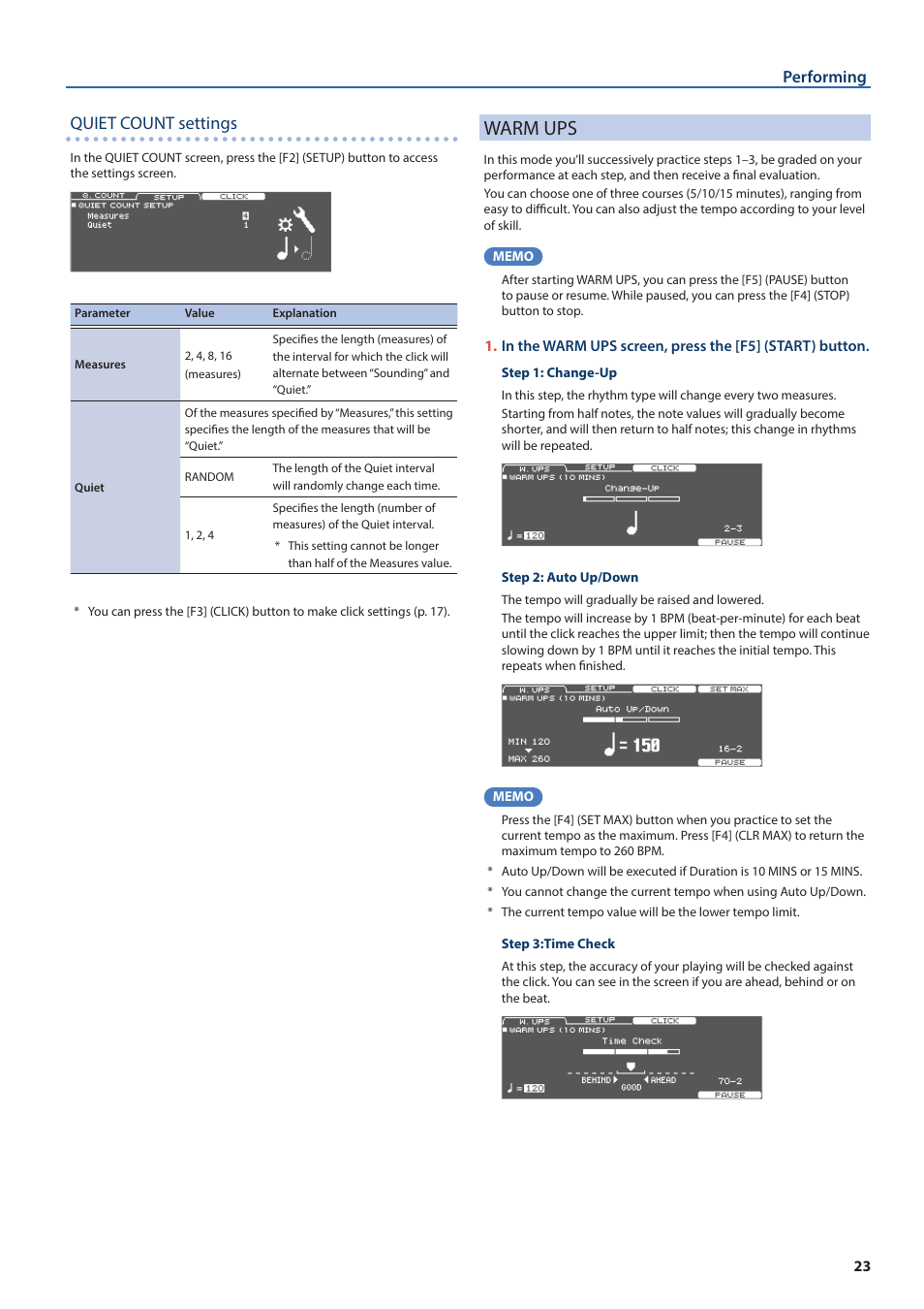 Warm ups, Quiet count settings, Performing | Roland TD-50X Prismatic V-Drums Sound Module User Manual | Page 23 / 67