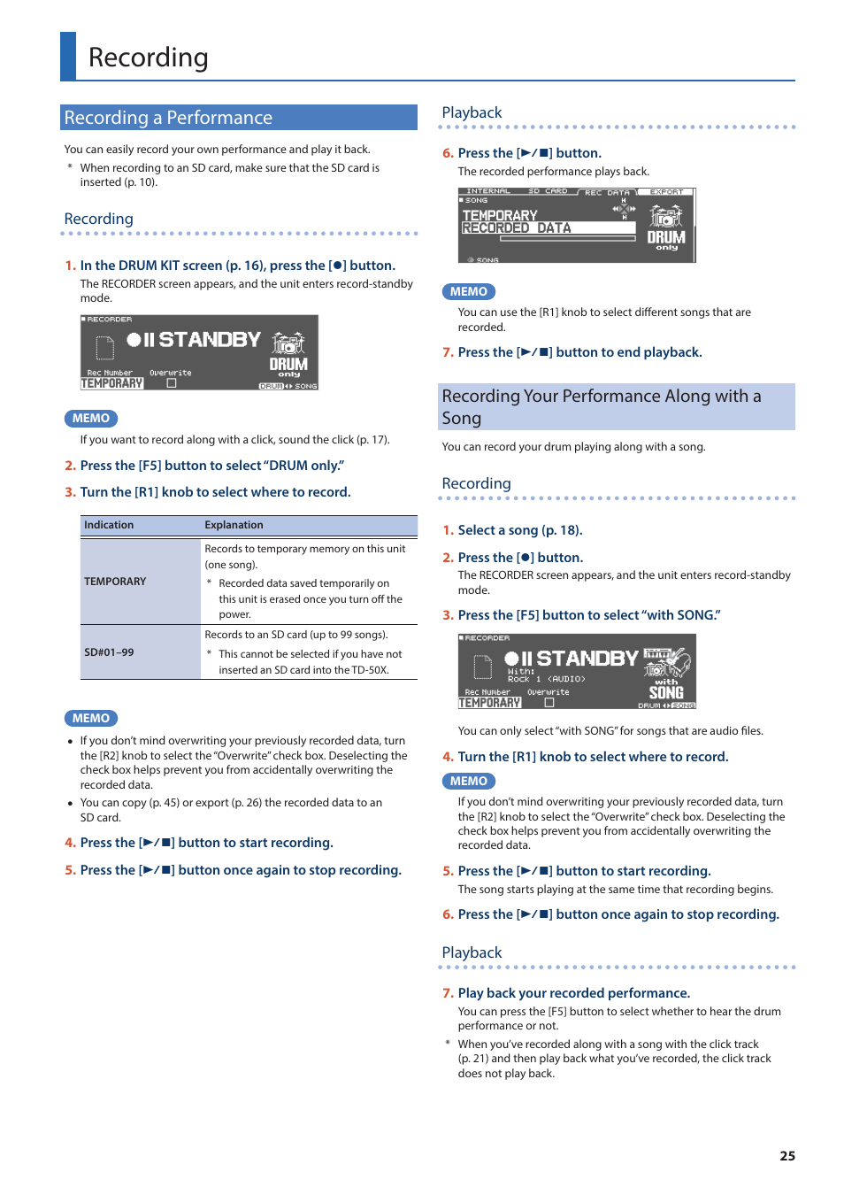 Recording, Recording a performance, Recording your performance along with a song | Roland TD-50X Prismatic V-Drums Sound Module User Manual | Page 25 / 67