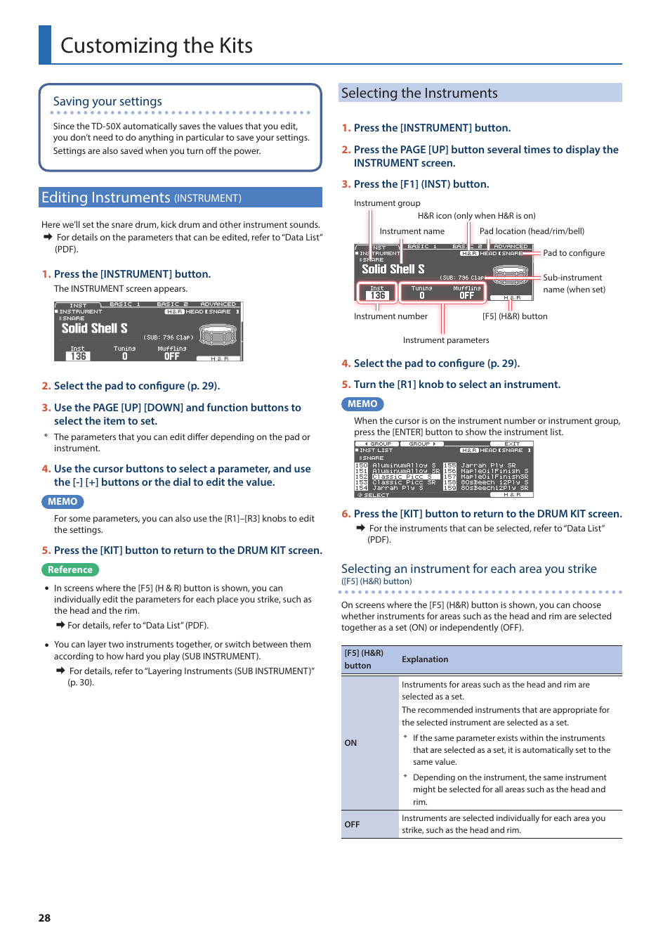 Customizing the kits, Editing instruments (instrument), Selecting the instruments | Editing instruments, Instrument), Saving your settings, Selecting an instrument for each area you strike | Roland TD-50X Prismatic V-Drums Sound Module User Manual | Page 28 / 67
