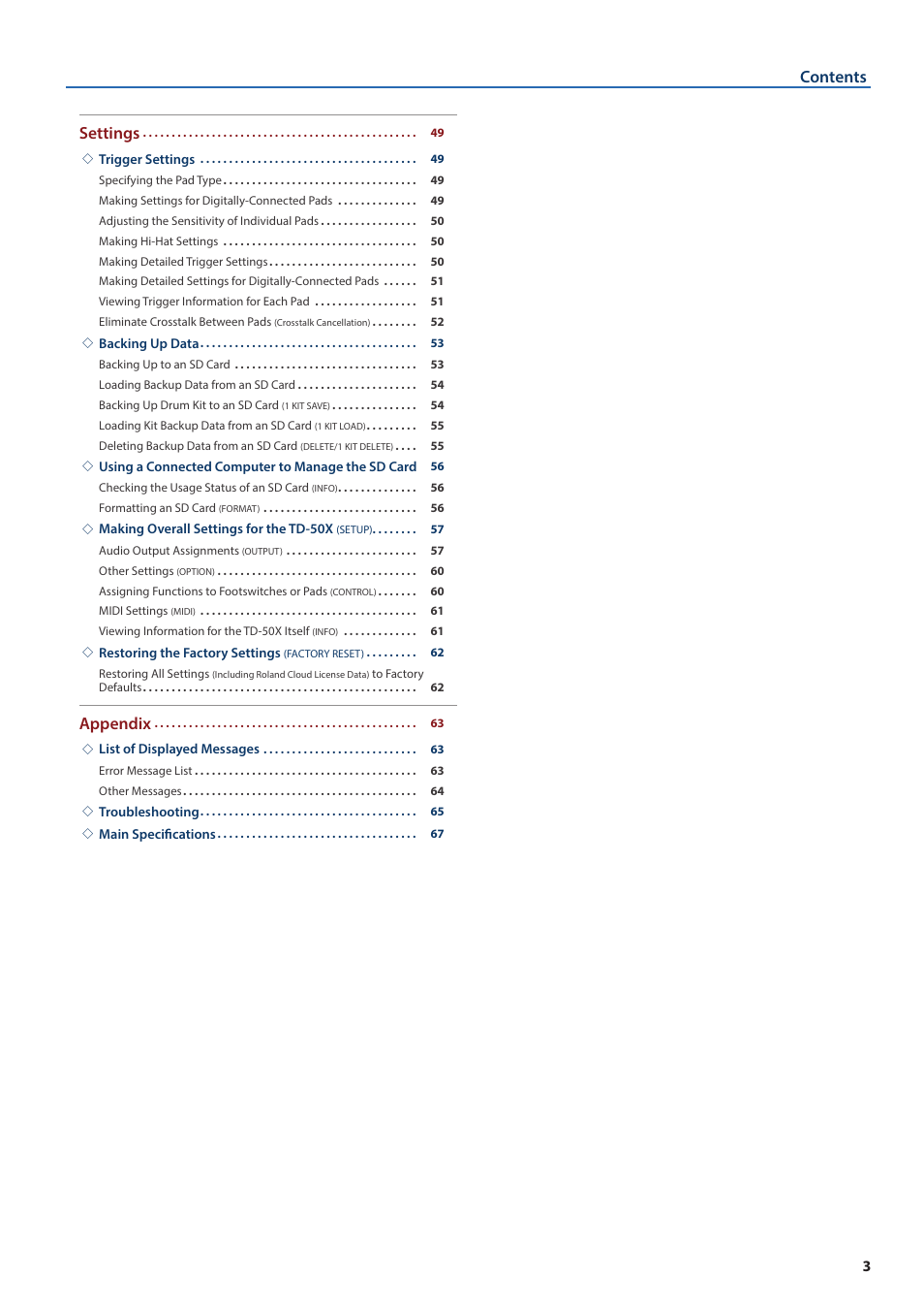 Contents settings, Appendix | Roland TD-50X Prismatic V-Drums Sound Module User Manual | Page 3 / 67