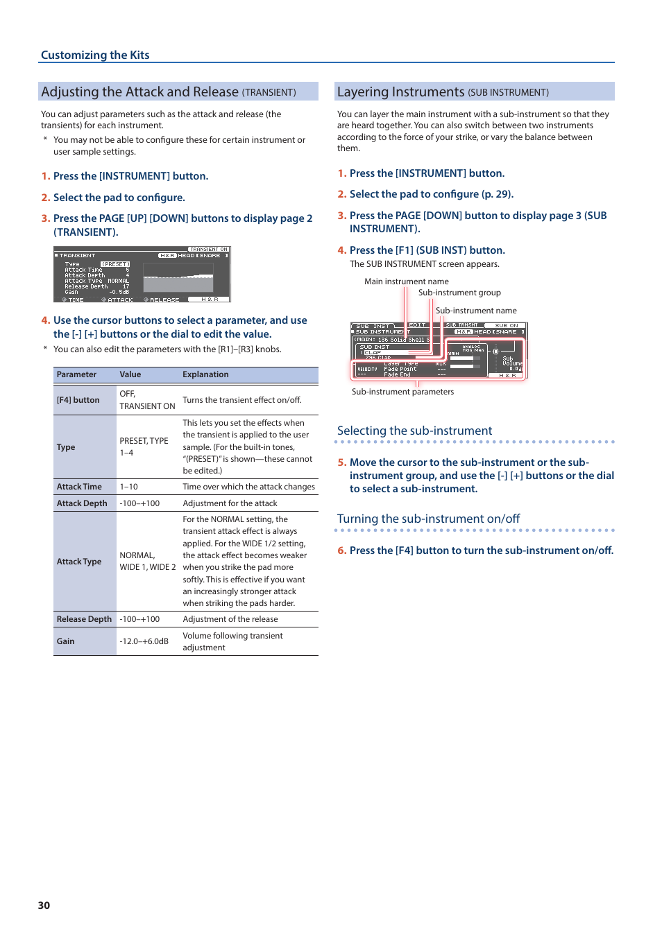 Adjusting the attack and release (transient), Layering instruments (sub instrument), Adjusting the attack and release | Transient), Layering instruments, Sub instrument), O “layering instruments (sub instrument), P. 30), Selecting the sub-instrument, Turning the sub-instrument on/off | Roland TD-50X Prismatic V-Drums Sound Module User Manual | Page 30 / 67