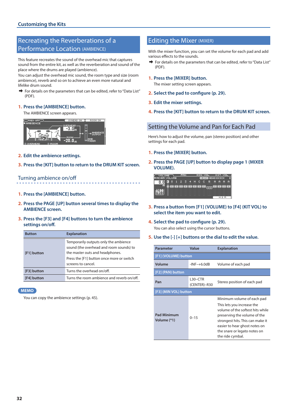 Editing the mixer (mixer), Setting the volume and pan for each pad, Recreating the reverberations of a performance | Location, Ambience), Editing the mixer, Mixer), Turning ambience on/off | Roland TD-50X Prismatic V-Drums Sound Module User Manual | Page 32 / 67