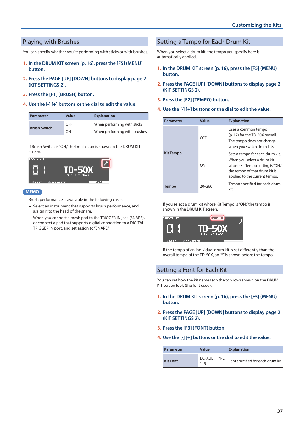 Playing with brushes, Setting a tempo for each drum kit, Setting a font for each kit | It (p. 37), P. 37) | Roland TD-50X Prismatic V-Drums Sound Module User Manual | Page 37 / 67