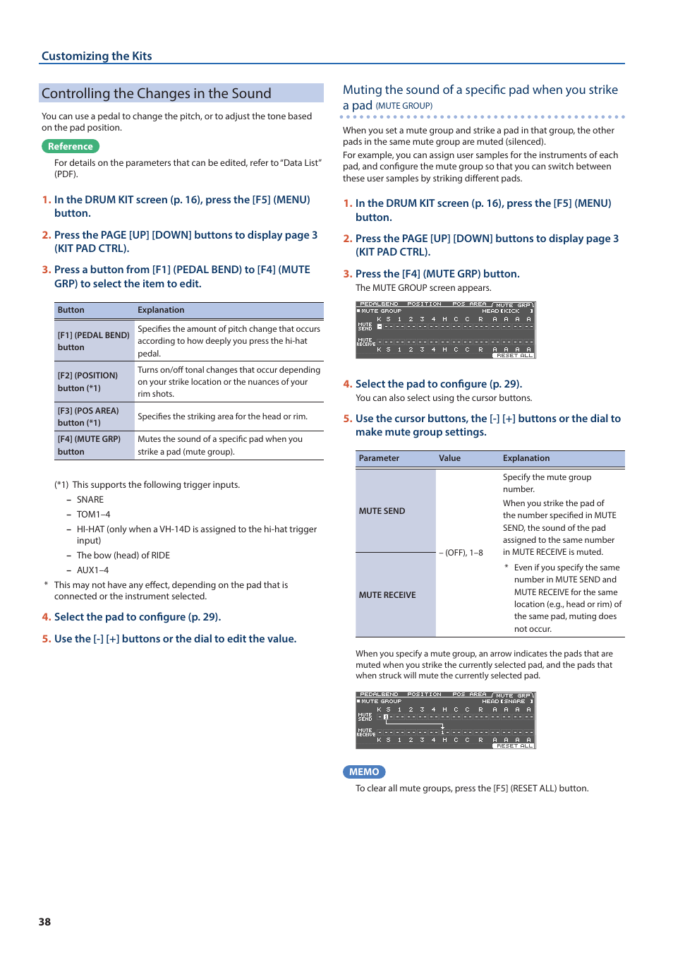 Controlling the changes in the sound, Controlling the changes in the sound” (p. 38) and | Roland TD-50X Prismatic V-Drums Sound Module User Manual | Page 38 / 67