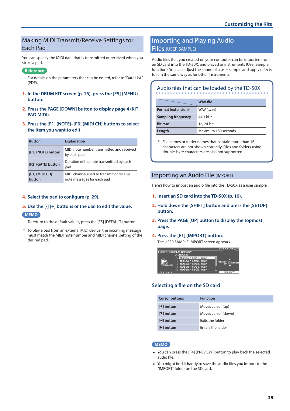 Making midi transmit/receive settings for each pad, Importing and playing audio files (user sample), Importing an audio file (import) | Importing and playing audio files, User sample), Importing an audio file, Import), Esets) (p. 39), Ser samples (p. 39), P. 39) pla | Roland TD-50X Prismatic V-Drums Sound Module User Manual | Page 39 / 67