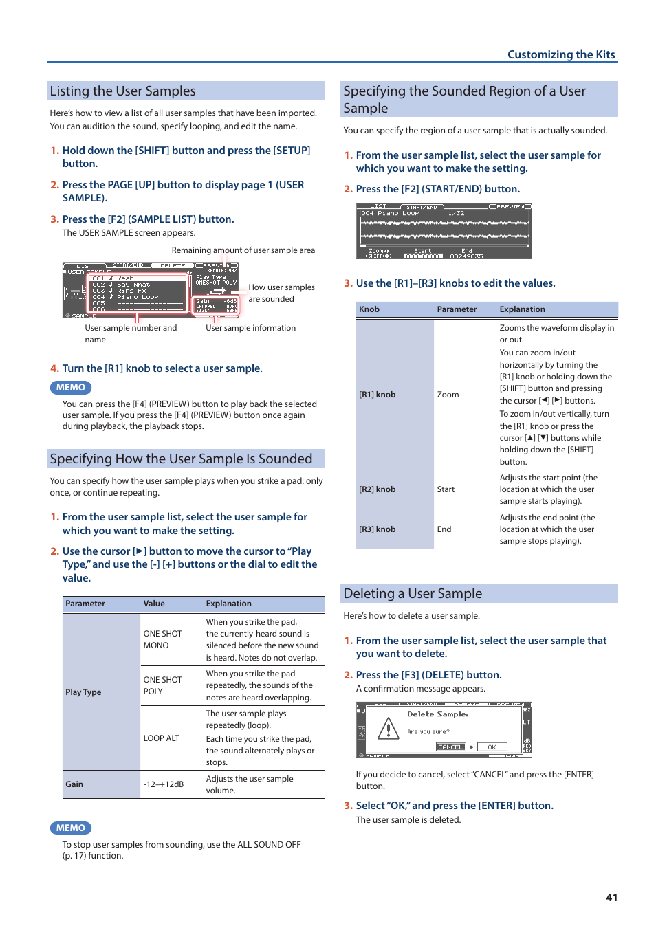 Listing the user samples, Specifying how the user sample is sounded, Specifying the sounded region of a user sample | Deleting a user sample | Roland TD-50X Prismatic V-Drums Sound Module User Manual | Page 41 / 67
