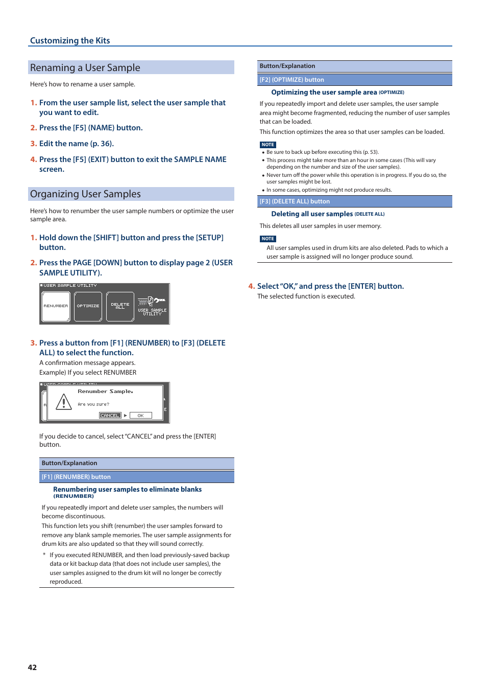 Renaming a user sample, Organizing user samples, Customizing the kits | Roland TD-50X Prismatic V-Drums Sound Module User Manual | Page 42 / 67