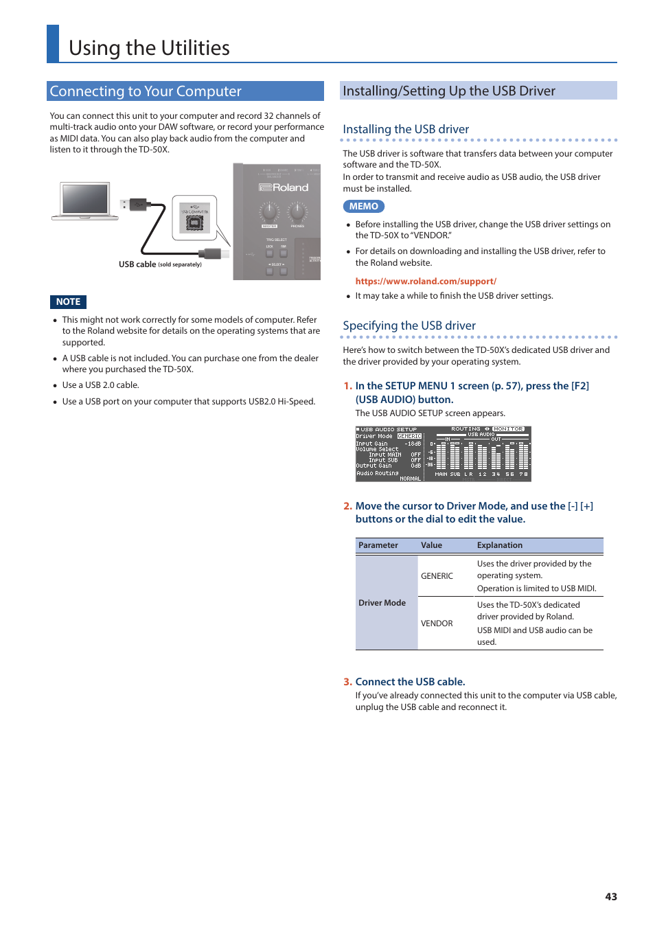 Using the utilities, Connecting to your computer, Installing/setting up the usb driver | Installing the usb driver, Specifying the usb driver | Roland TD-50X Prismatic V-Drums Sound Module User Manual | Page 43 / 67