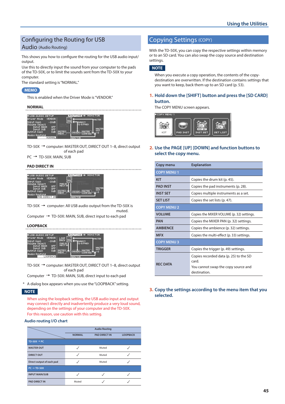 Copying settings (copy), Configuring the routing for usb audio, Audio routing) | Copying settings, Copy), Ea (p. 45), P. 45), or e, Y (p. 45) or e, Using the utilities | Roland TD-50X Prismatic V-Drums Sound Module User Manual | Page 45 / 67