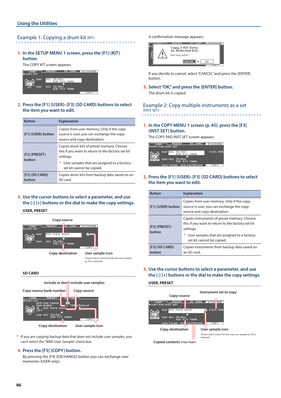 Example 1: copying a drum kit, Example 2: copy multiple instruments as a set, Using the utilities | Roland TD-50X Prismatic V-Drums Sound Module User Manual | Page 46 / 67