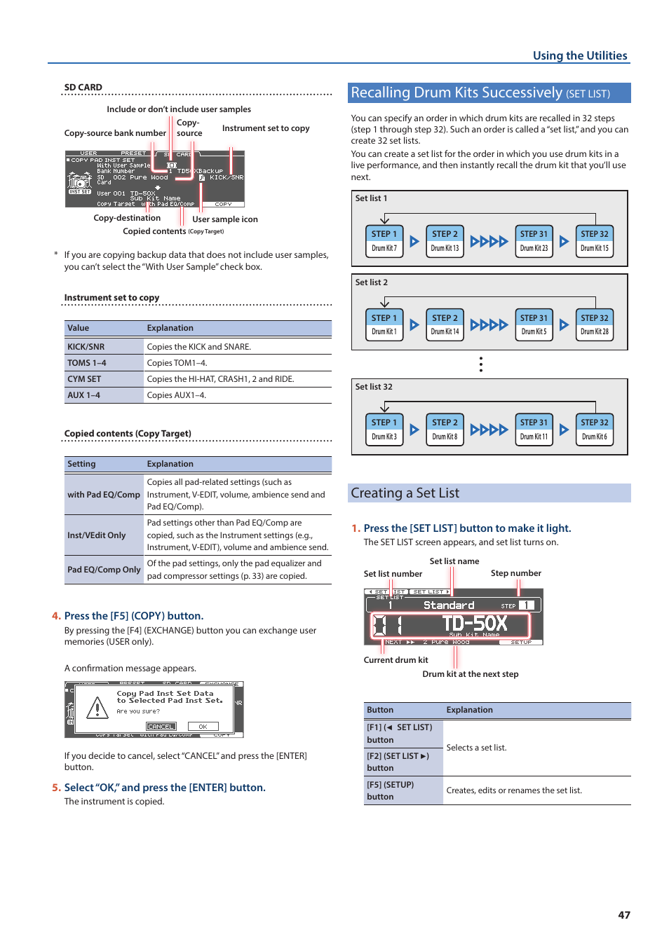 Recalling drum kits successively (set list), Creating a set list, Recalling drum kits successively | Set list), Et lists (p. 47), Opies the set lists (p. 47), Using the utilities | Roland TD-50X Prismatic V-Drums Sound Module User Manual | Page 47 / 67