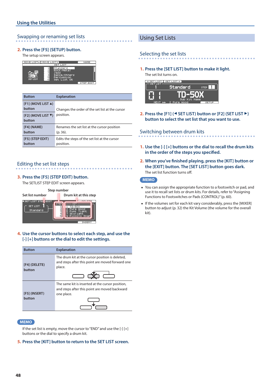 Using set lists, Swapping or renaming set lists, Editing the set list steps | Selecting the set lists, Switching between drum kits | Roland TD-50X Prismatic V-Drums Sound Module User Manual | Page 48 / 67