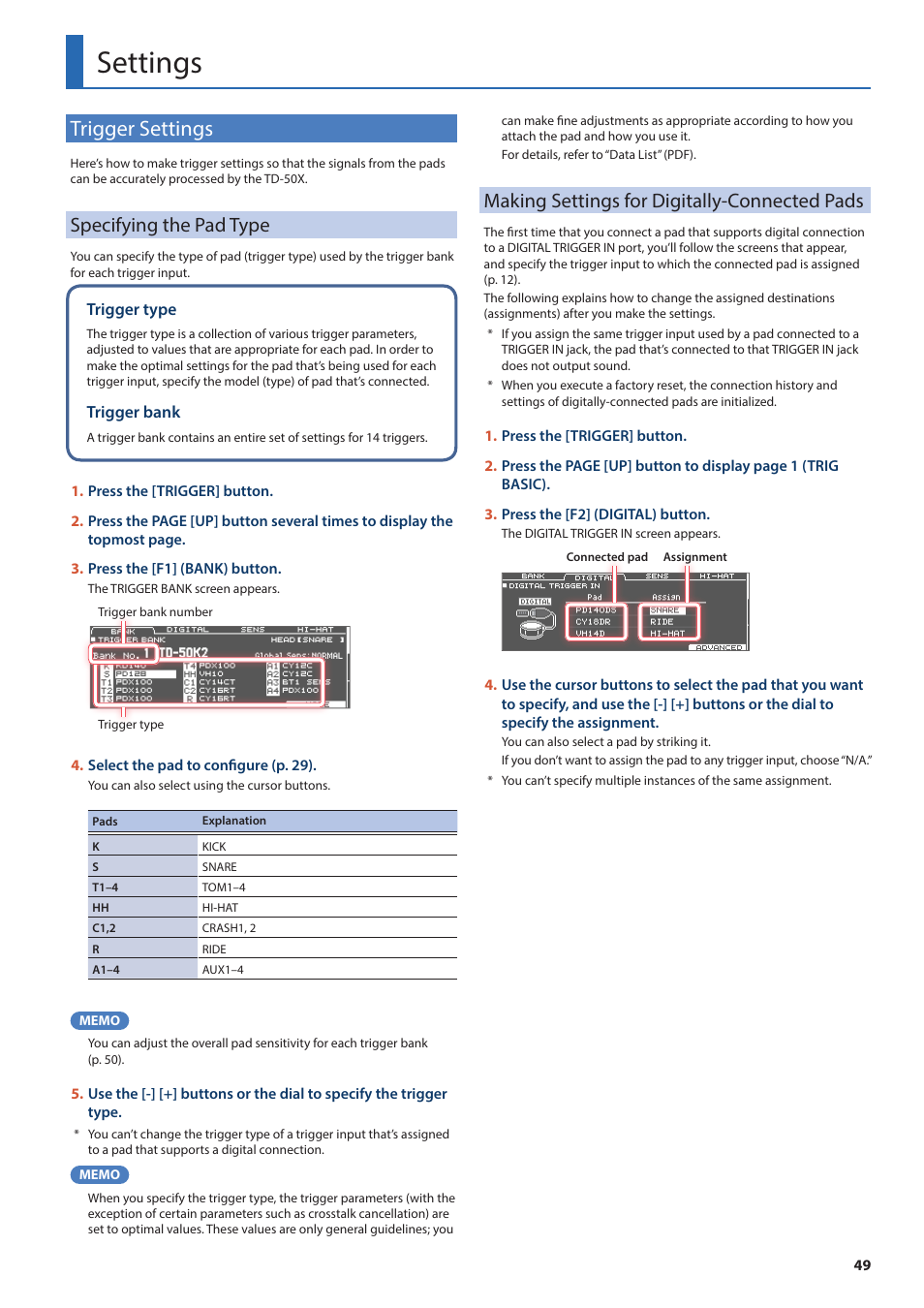 Settings, Trigger settings, Specifying the pad type | Making settings for digitally-connected pads, Igger settings (p. 49), O the “specifying the pad, Type” (p. 49), Igger (p. 49) settings | Roland TD-50X Prismatic V-Drums Sound Module User Manual | Page 49 / 67