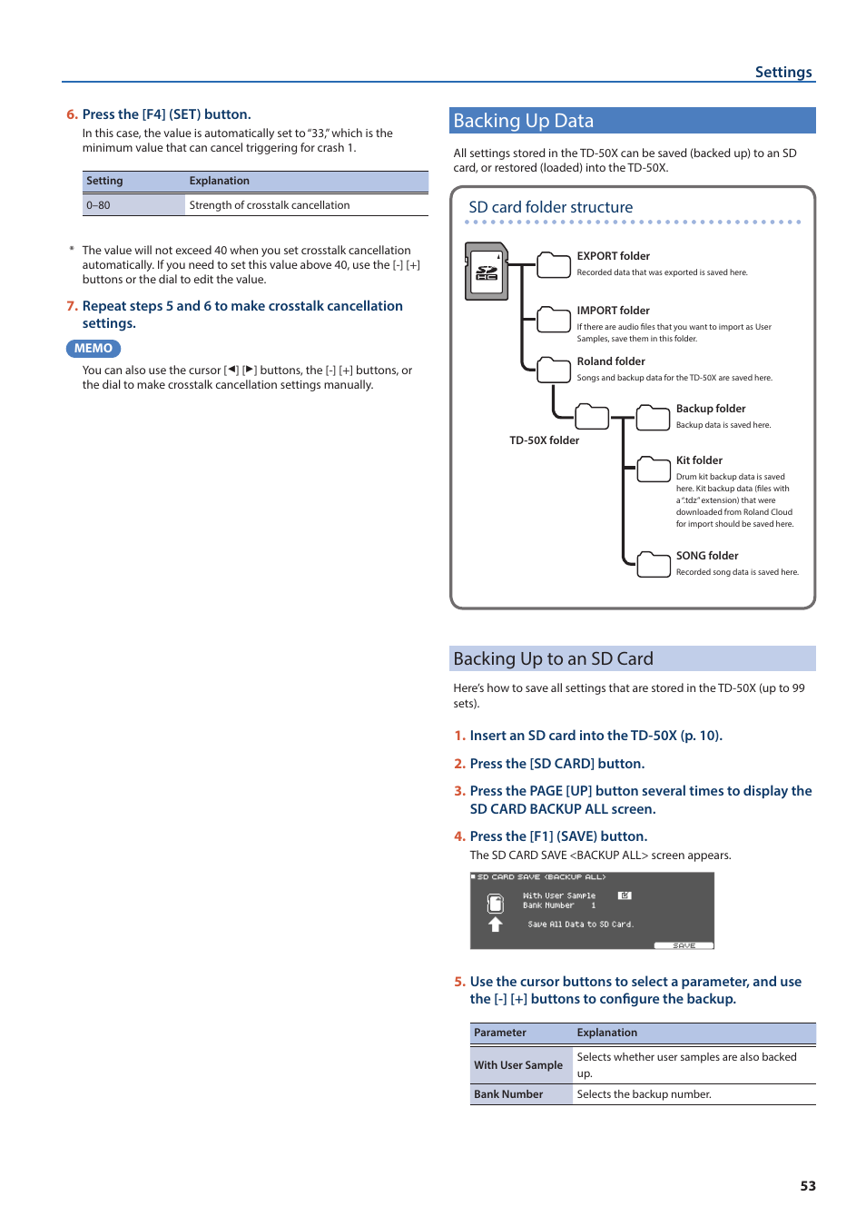Backing up data, Backing up to an sd card, O “backing up to an sd card | P. 53), O “sd card, Folder structure” (p. 53), D (p. 53), Sd card folder structure | Roland TD-50X Prismatic V-Drums Sound Module User Manual | Page 53 / 67