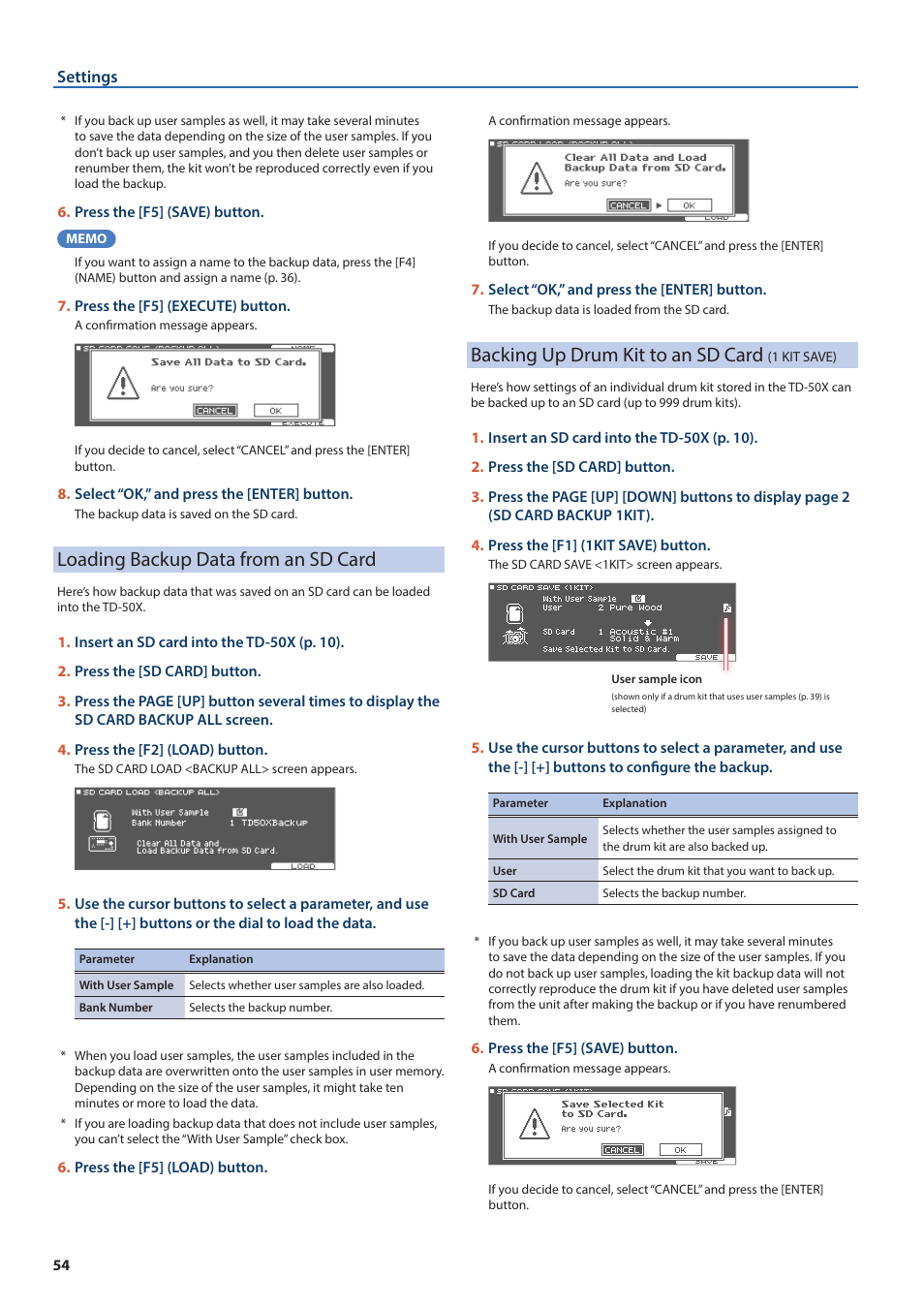 Loading backup data from an sd card, Backing up drum kit to an sd card (1 kit save), Backing up drum kit to an sd card | 1 kit save) | Roland TD-50X Prismatic V-Drums Sound Module User Manual | Page 54 / 67