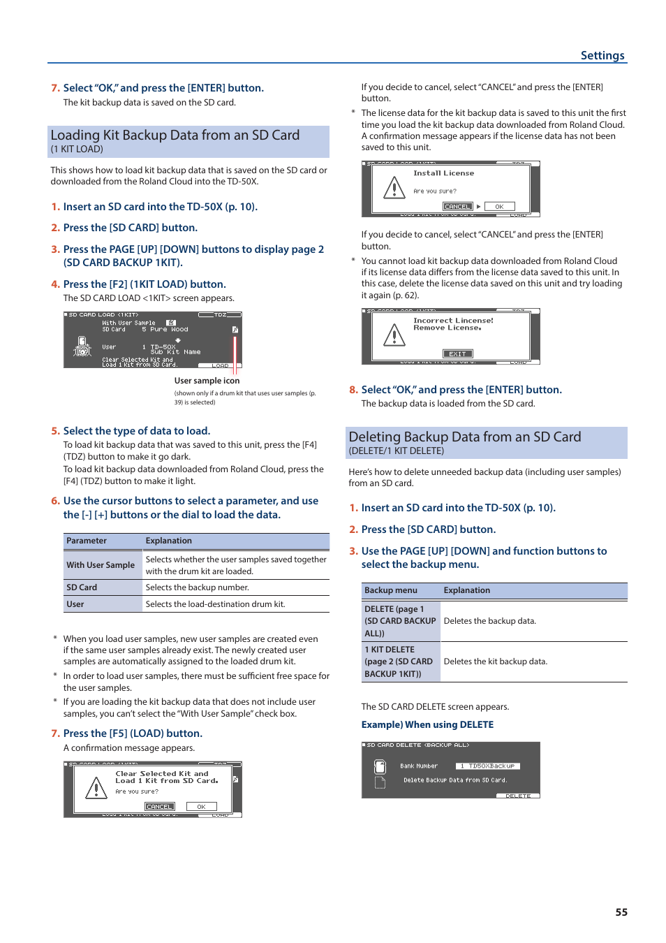 Loading kit backup data from an sd card, 1 kit load), Deleting backup data from an sd card | Delete/1 kit delete) | Roland TD-50X Prismatic V-Drums Sound Module User Manual | Page 55 / 67