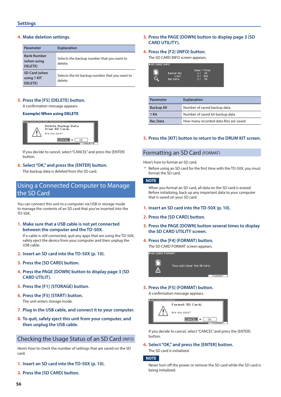 Using a connected computer to manage the sd card, Checking the usage status of an sd card (info), Formatting an sd card (format) | Checking the usage status of an sd card, Info), Formatting an sd card, Format) | Roland TD-50X Prismatic V-Drums Sound Module User Manual | Page 56 / 67