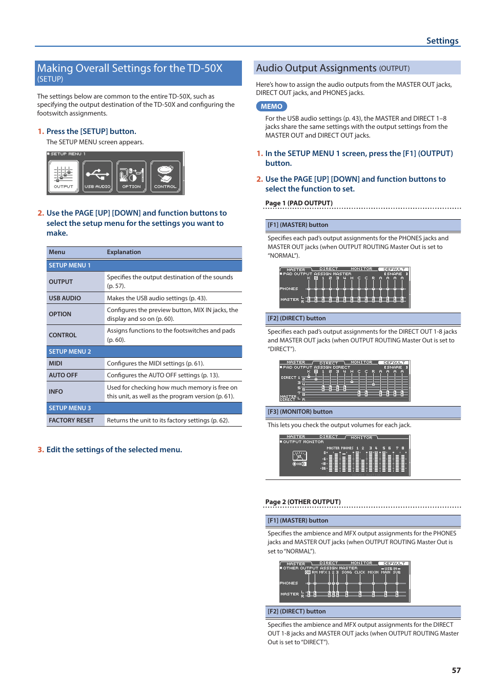 Making overall settings for the td-50x (setup), Audio output assignments (output), Making overall settings for the td-50x | Setup), Audio output assignments, Output), Etup (p. 57), Audio output assignments (output)” (p. 57), O “audio output, Assignments (output)” (p. 57) | Roland TD-50X Prismatic V-Drums Sound Module User Manual | Page 57 / 67