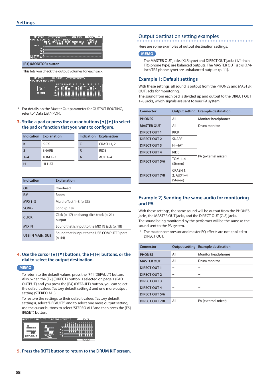 Output destination setting examples, Settings, Example 1: default settings | Roland TD-50X Prismatic V-Drums Sound Module User Manual | Page 58 / 67