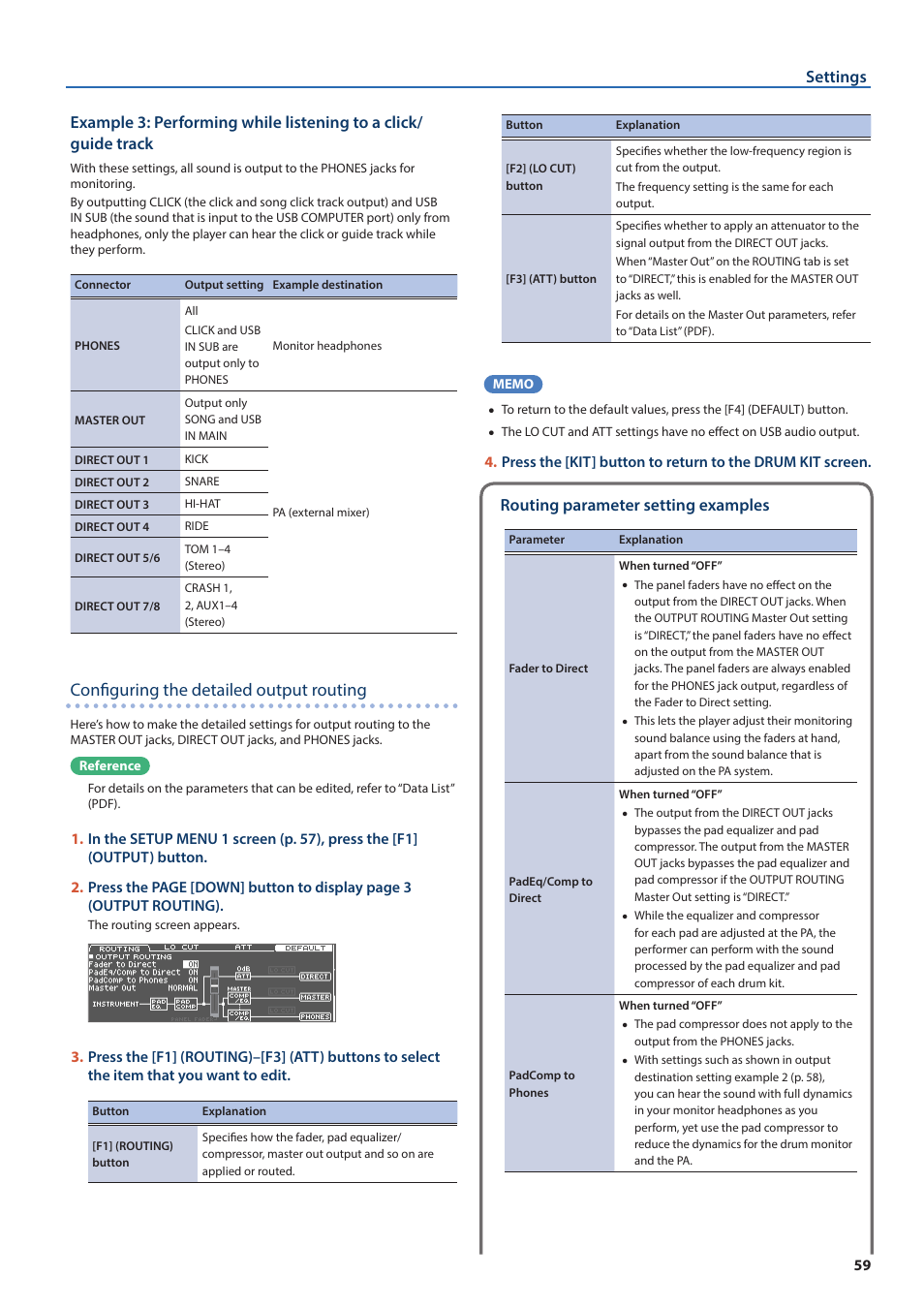 Outing (p. 59) settings, Outing (p. 59)) eff, Configuring the detailed output routing | Routing parameter setting examples | Roland TD-50X Prismatic V-Drums Sound Module User Manual | Page 59 / 67