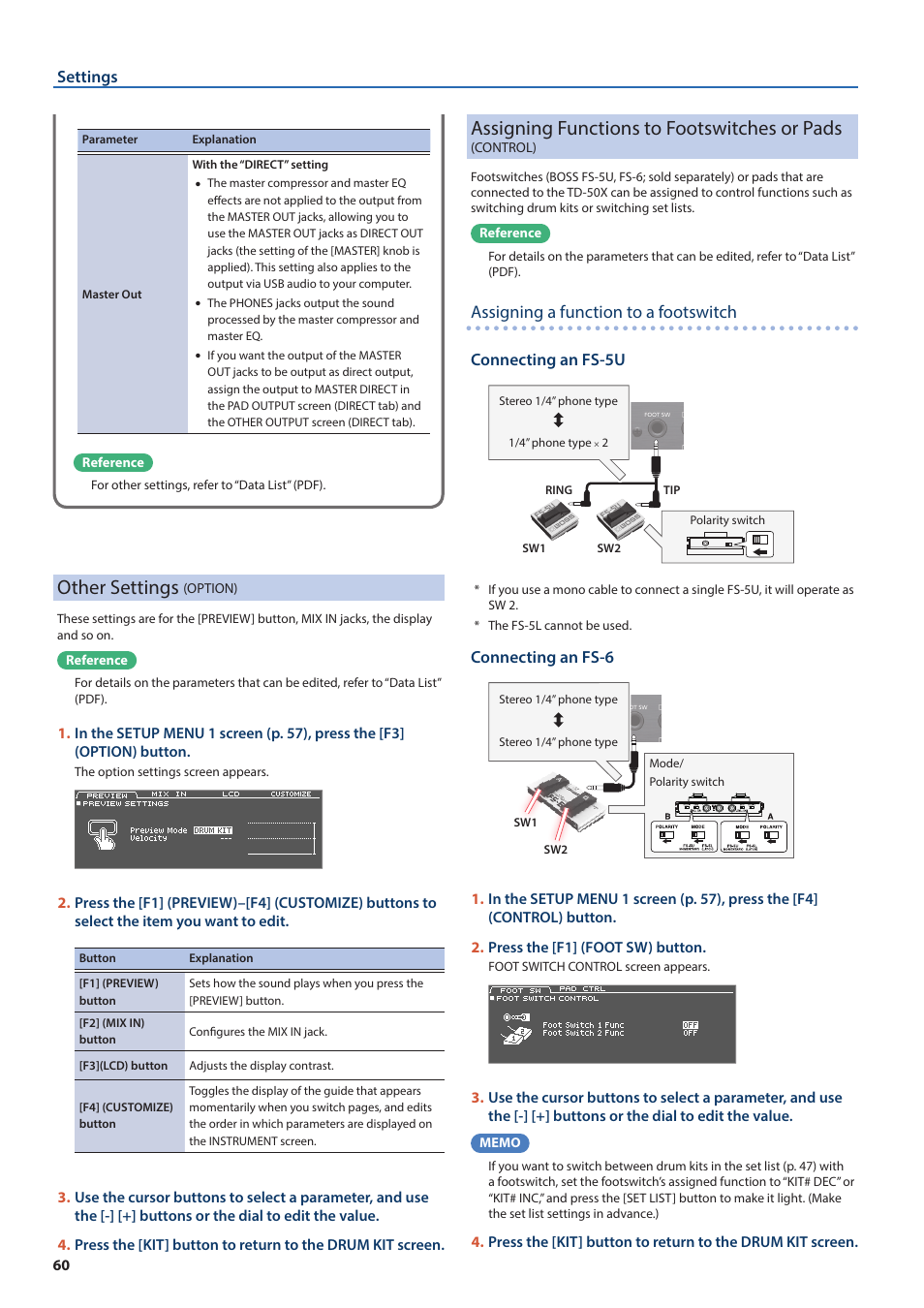 Other settings (option), Other settings, Option) | Assigning functions to footswitches or pads, Control), P. 60), O “assigning, Assigning a function to a footswitch | Roland TD-50X Prismatic V-Drums Sound Module User Manual | Page 60 / 67